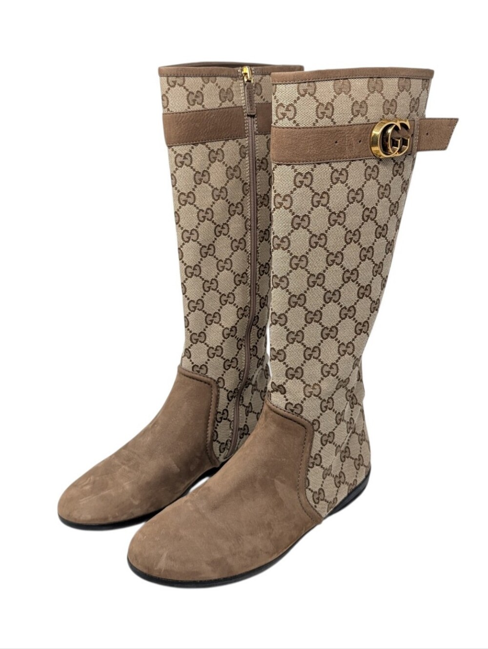 Gucci Monogram Beige Brown Canvas Suede Knee High Flat Riding Boots Size EU 37.5 - Picture 3 of 14